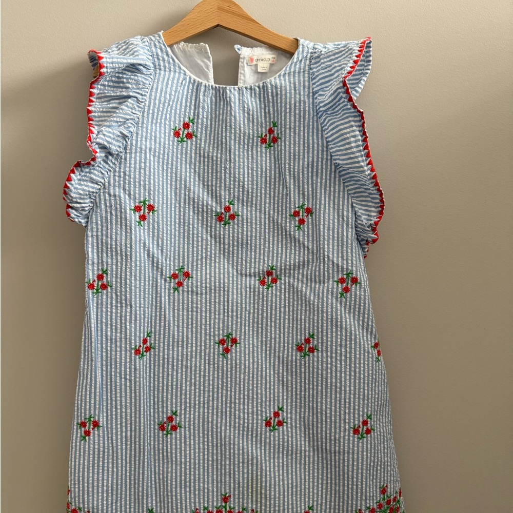 Crewcuts Blue Striped Dress with Floral Embroidery